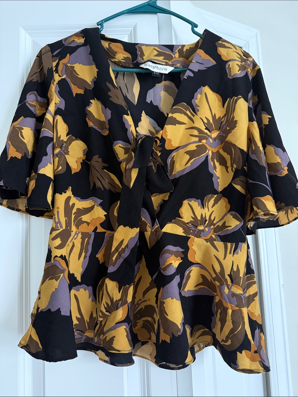 Royal & Moon Black Floral Tie-Front Blouse with Mustard Bloom